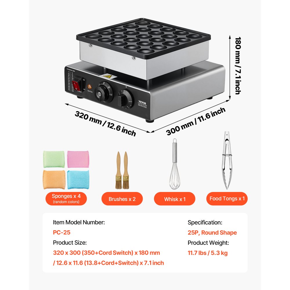 VEVOR Mini Pancake Maker, 25PCS 43mm Diameter Dutch Muffin Waffle Baker, Non-stick Stainless Steel Poffertjes Grill, Commercial Electric Dorayaki Machine, Temp & Time Control, Home Kitchen Restaurant