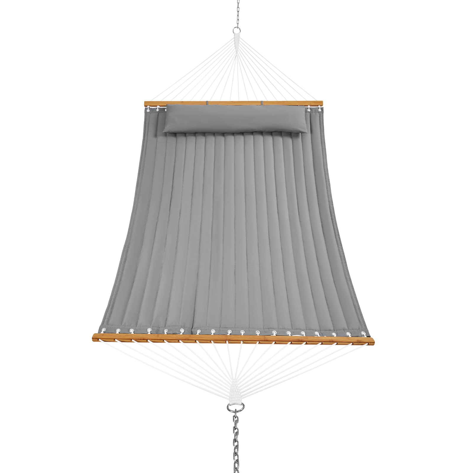 VEVOR Hamaca doble de tela acolchada carga de 500 libras hamaca doble con barras separadoras de madera dura para 2 personas con almohada extraíble y cadenas para exteriores, patio, playa, gris