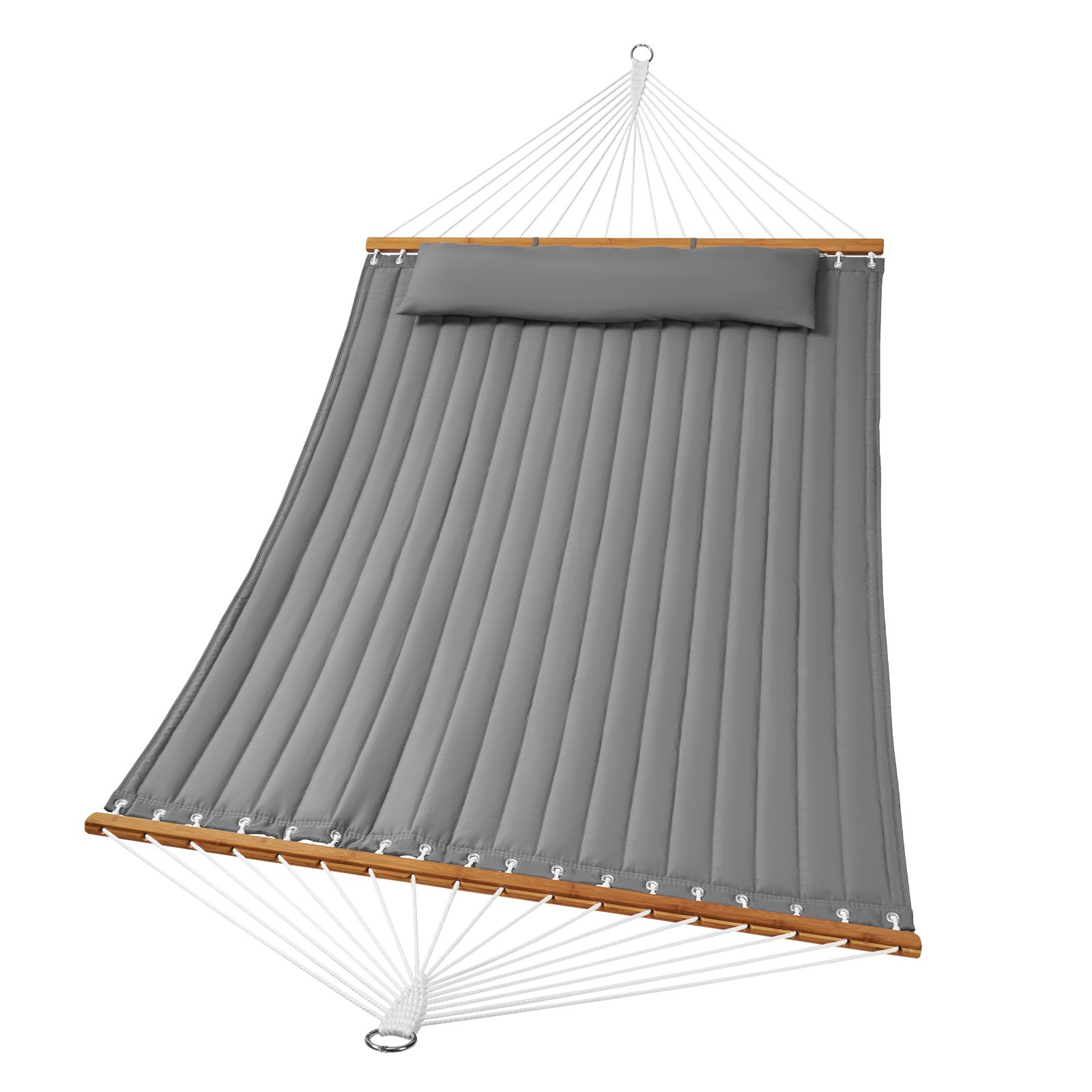 VEVOR Hamaca doble de tela acolchada carga de 500 libras hamaca doble con barras separadoras de madera dura para 2 personas con almohada extraíble y cadenas para exteriores, patio, playa, gris