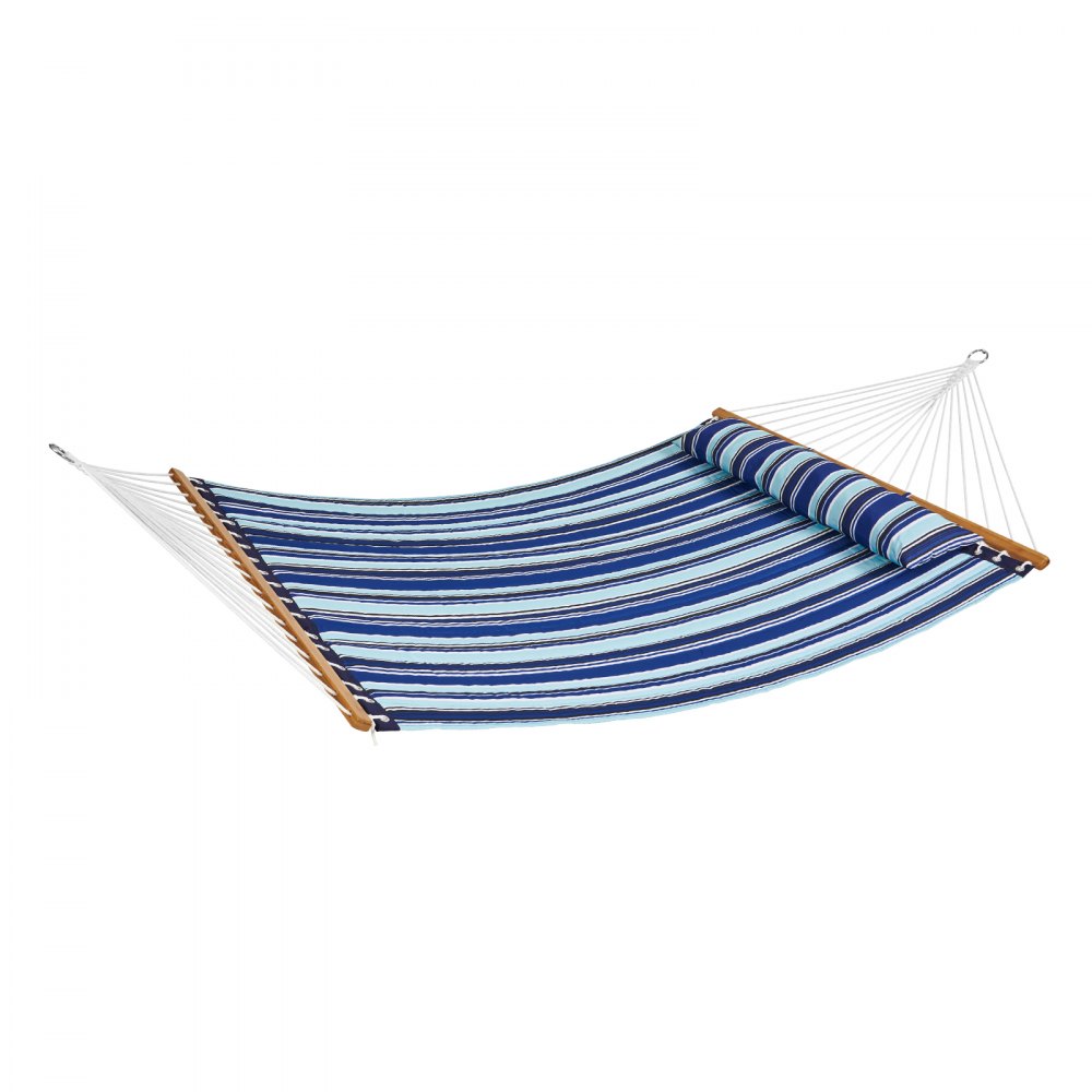 Hamaca doble VEVOR a rayas con barras separadoras de madera y tela azul, blanca y verde.