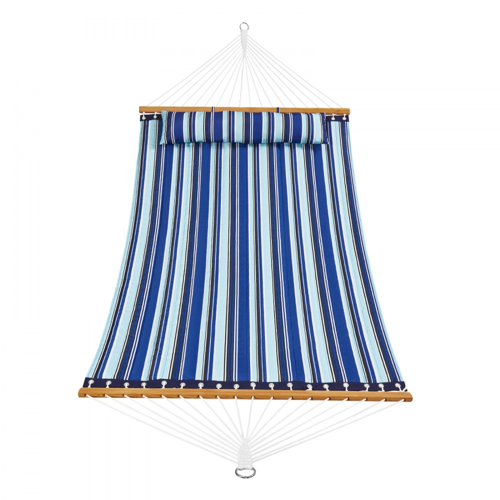 Hamaca doble VEVOR con rayas azules y blancas, barras separadoras de madera y cuerdas para colgar.