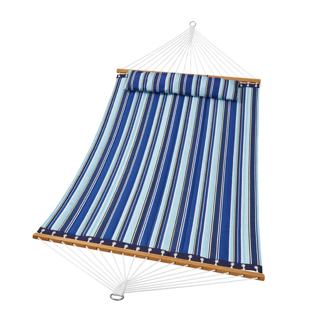 Hamaca doble VEVOR con rayas azules y blancas, barras separadoras de madera y almohada adjunta.