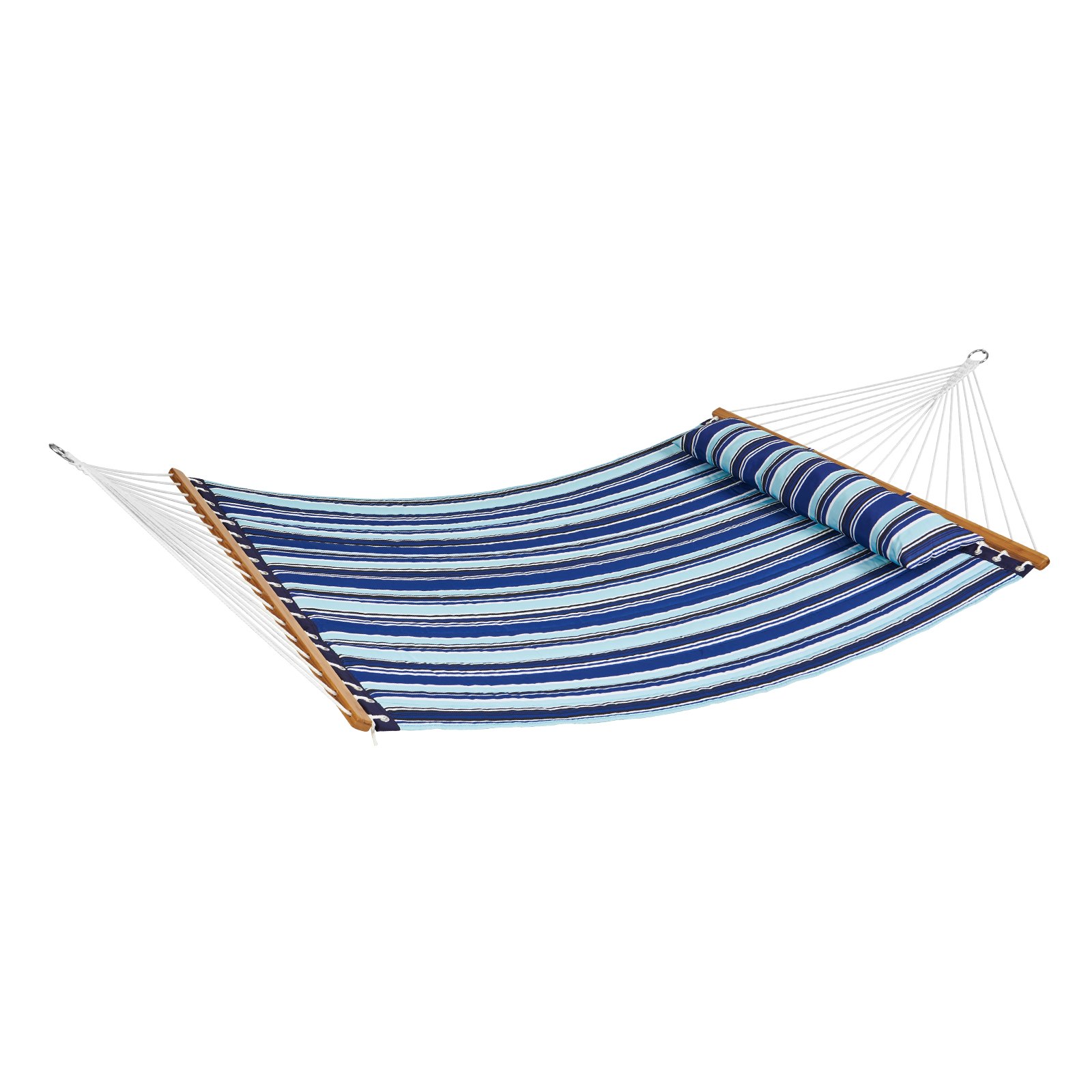 Hamaca doble VEVOR a rayas con barras separadoras de madera y tela azul, blanca y verde.