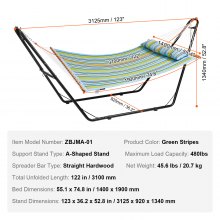 VEVOR Hamaca para 2 Personas con Soporte Capacidad de Carga de 217 kg Hamaca Doble con Soporte de Acero Portátil Bolsa de Transporte y Almohada Hamaca Independiente Para Patio, Playa, Rayas Verdes