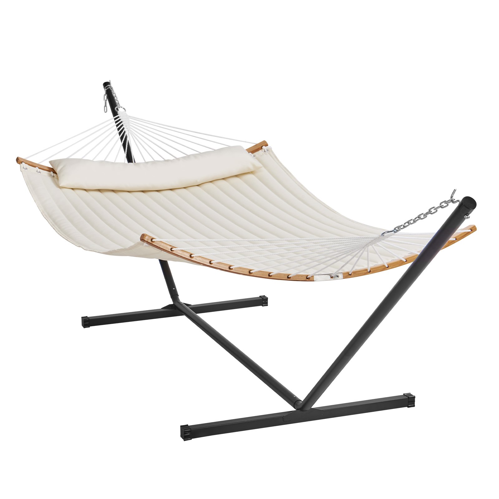 Hamaca doble acolchada VEVOR con soporte, tela beige, barras separadoras de madera y almohada para relajarse al aire libre.