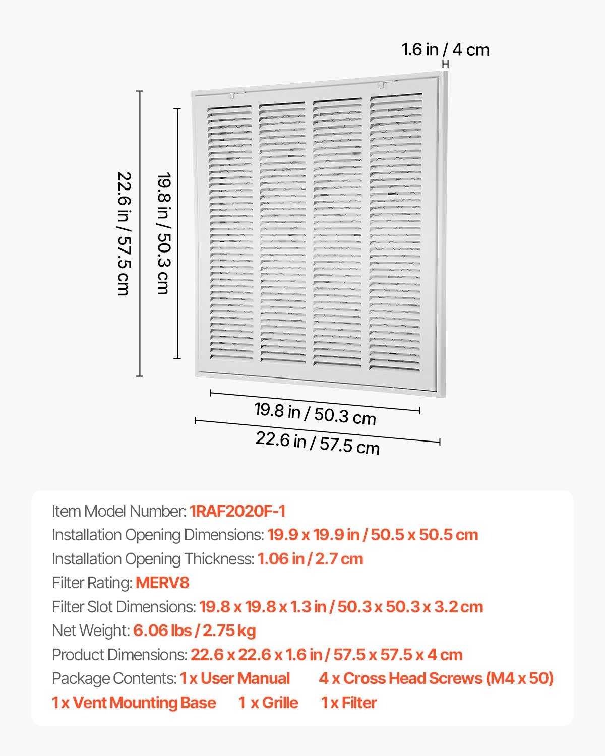 VEVOR Rejilla de Filtro de Aire de Retorno, Se Adapta a la Abertura del Conducto de 50,5 x 50,5 cm de Ancho, Filtro Incluido, para Pared, con Recubrimiento en Polvo, 57,5 x 57,5 x 4 cm, Duradero
