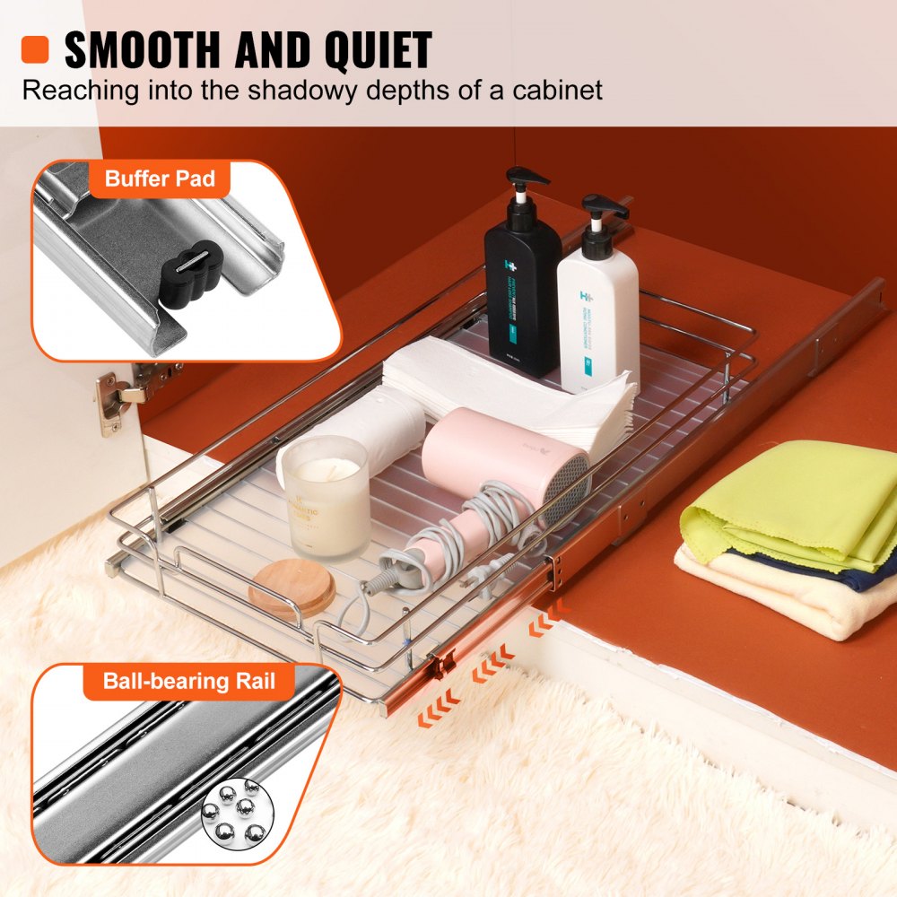 VEVOR Organizador Extraíble Debajo del Fregadero 310x533x85 mm Cesta Deslizante 1 Nivel de Acero Cromado Cajón Deslizante Carga de 13 kg Deslizamiento Suave, Tamaño de Instalación 340x563x185 mm