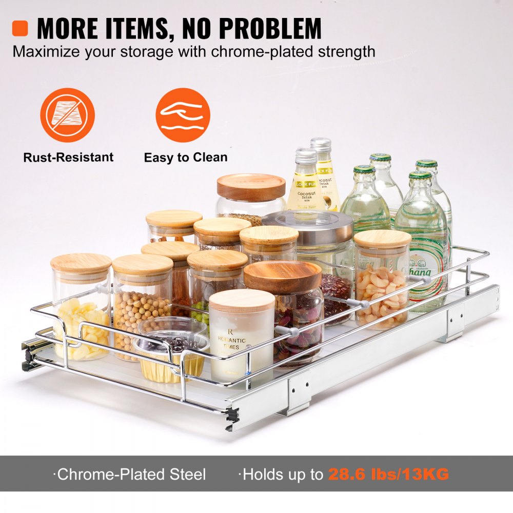 VEVOR Organizador Extraíble Debajo del Fregadero 310x533x85 mm Cesta Deslizante 1 Nivel de Acero Cromado Cajón Deslizante Carga de 13 kg Deslizamiento Suave, Tamaño de Instalación 340x563x185 mm