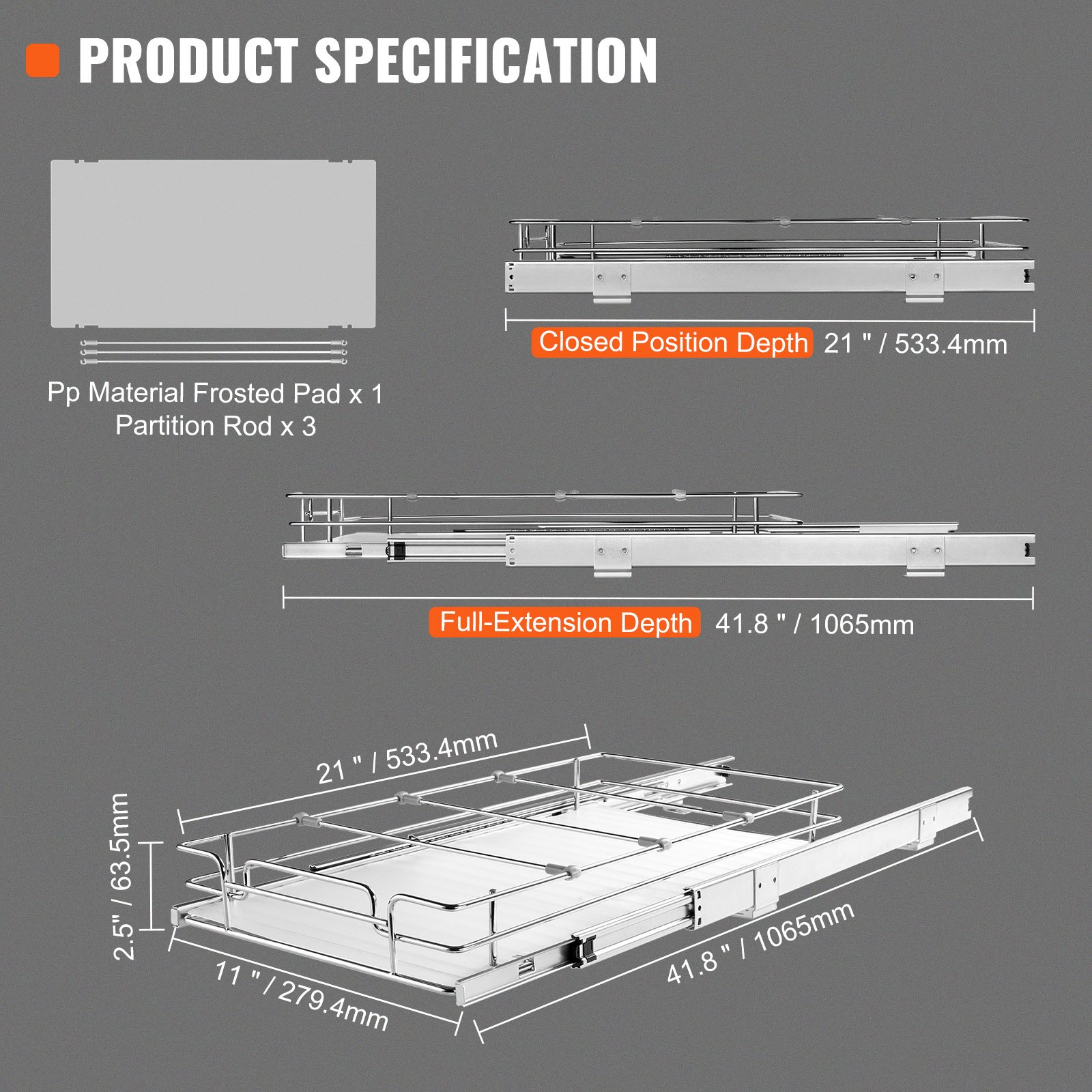 VEVOR Organizador Extraíble Debajo del Fregadero 310x533x85 mm Cesta Deslizante 1 Nivel de Acero Cromado Cajón Deslizante Carga de 13 kg Deslizamiento Suave, Tamaño de Instalación 355x558x177 mm