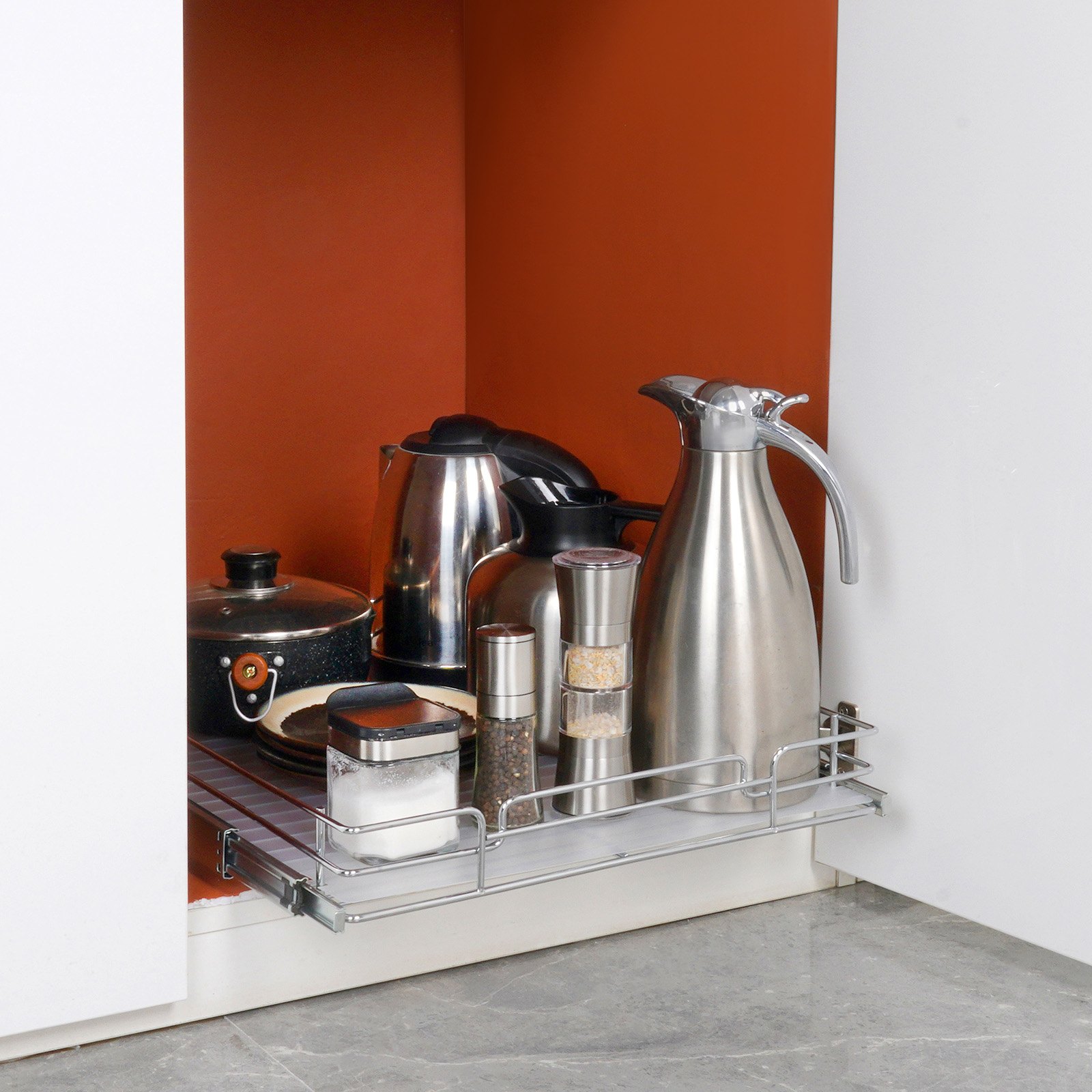 VEVOR Organizador Extraíble Debajo del Fregadero 385x533x85 mm Cesta Deslizante 1 Nivel de Acero Cromado Cajón Deslizante Carga de 13 kg Deslizamiento Suave Tamaño de Instalación 415x563x185 mm
