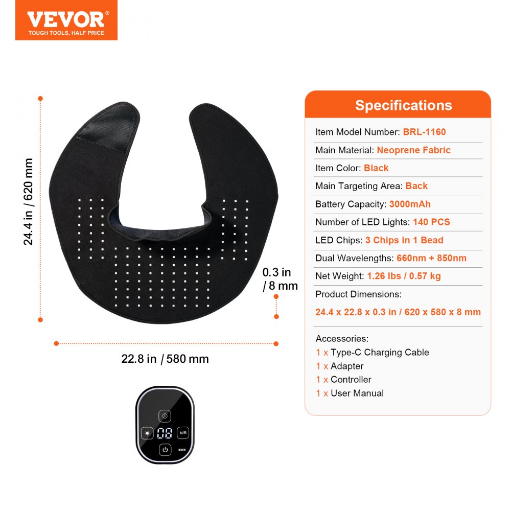 VEVOR Terapia de Luz Roja Hombros Cuello Espalda 140 LED Terapia de Luz Roja Portátil 660nm 850nm con Temporizador Pulso de 10 Hz 3 Intensidades Inalámbrica para Aliviar la Fatiga y el Dolor Muscular