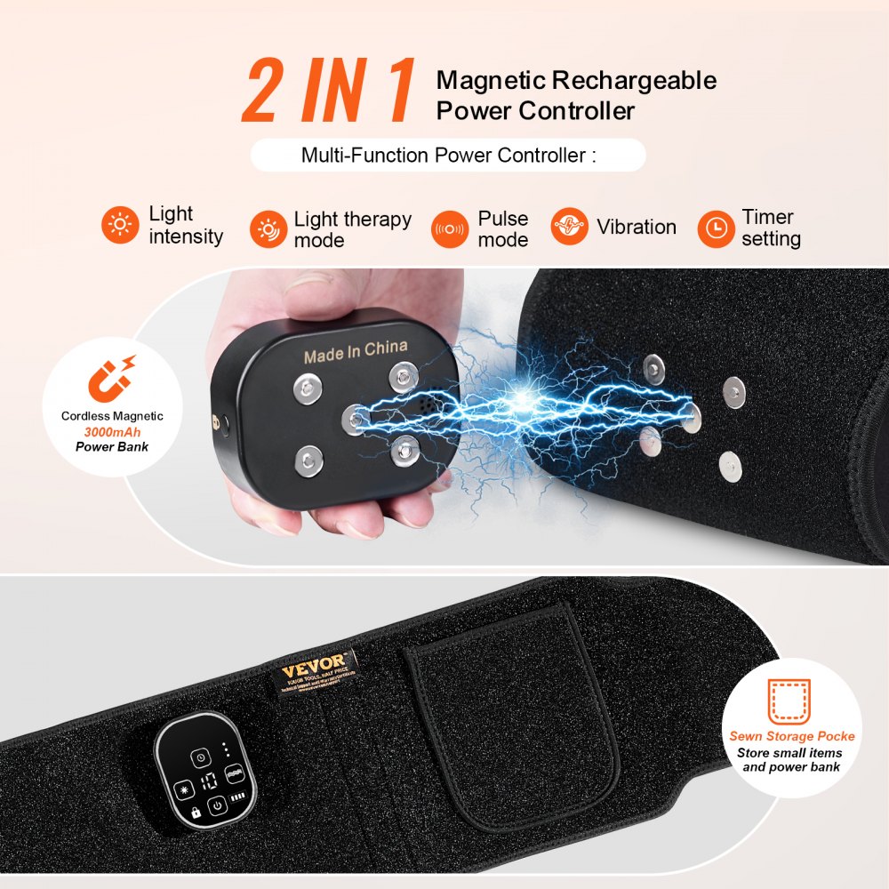 VEVOR Cinturón de Terapia de Luz Roja 105 LED Terapia de Luz Roja 660 nm 850 nm Temporizador 3 Niveles 3 Intensidades Inalámbrico para Aliviar la Fatiga y Dolor Muscular, Cintura, Hombros