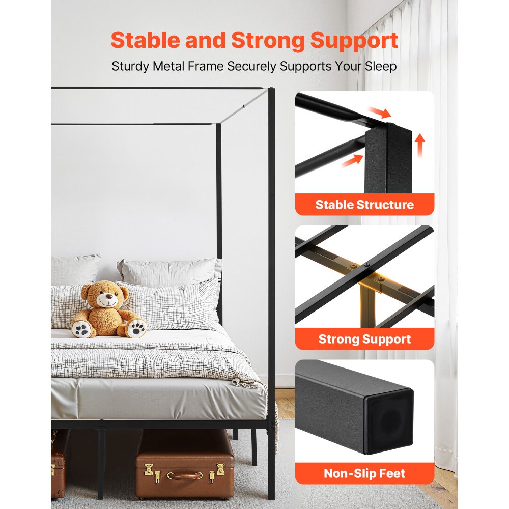 VEVOR Marco de Cama con Dosel de Tamaño Full, Diseño de Cuatro Postes de Metal 196,5x137x183 cm Soporte de Láminas de Acero Resistente Espacio de Almacenamiento Debajo, No Necesita Somier, Negro