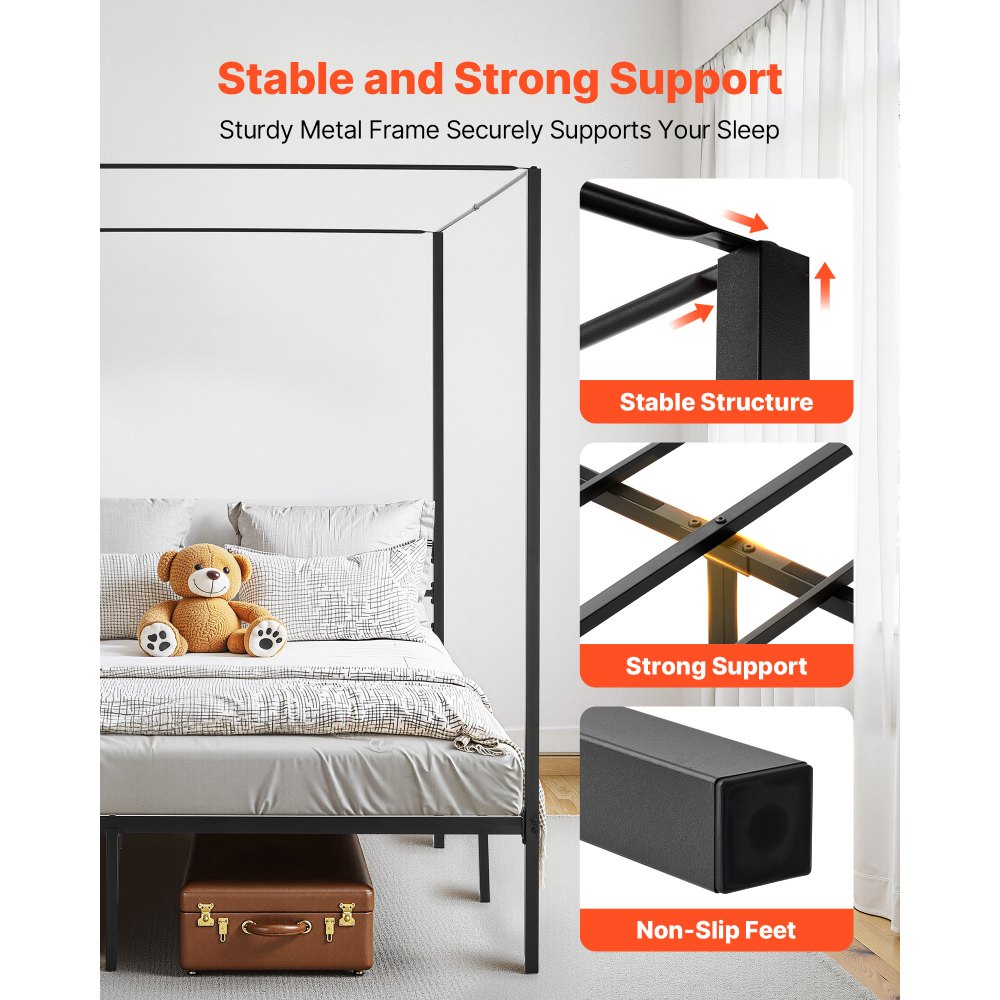 VEVOR Marco de Cama con Dosel de Tamaño King, Diseño de 4 Postes de Metal 2095 x 1930 x 1830 mm Soporte de Láminas de Acero Resistente Espacio de Almacenamiento Debajo, No Necesita Somier, Negro
