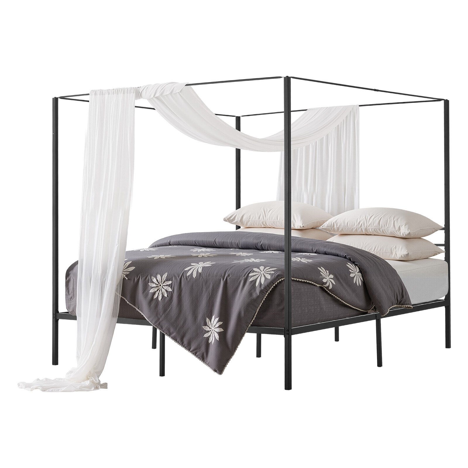 VEVOR Marco de Cama con Dosel de Tamaño King, Diseño de 4 Postes de Metal 2095 x 1930 x 1830 mm Soporte de Láminas de Acero Resistente Espacio de Almacenamiento Debajo, No Necesita Somier, Negro