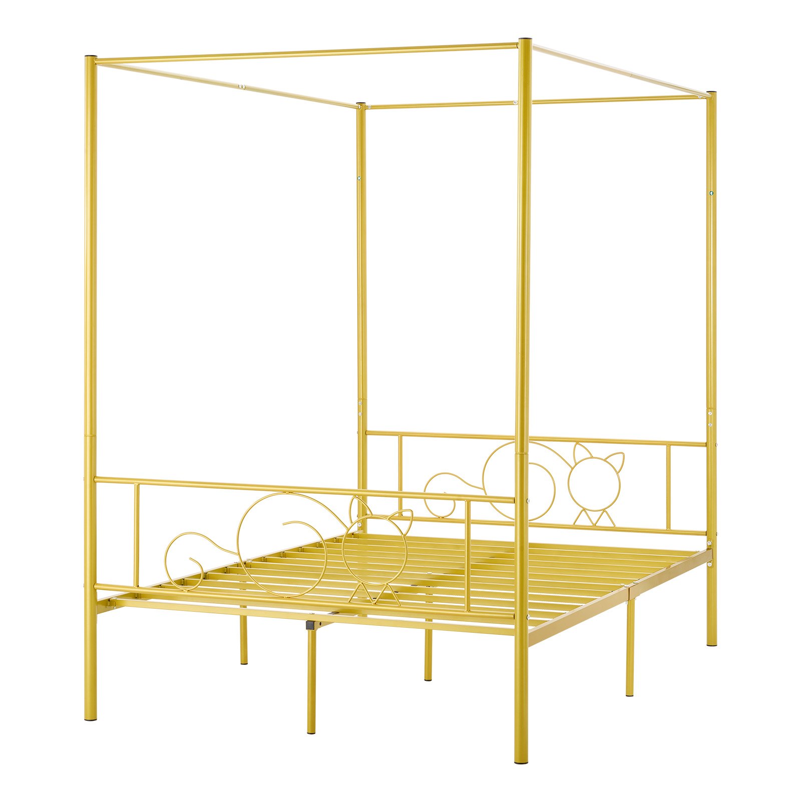 VEVOR Marco de Cama con Dosel de Tamaño Completo, Diseño 4 Postes de Metal y Cabecero Minimalista Soporte de Láminas de Acero Resistente Espacio de Almacenamiento Debajo, No Necesita Somier, Dorado