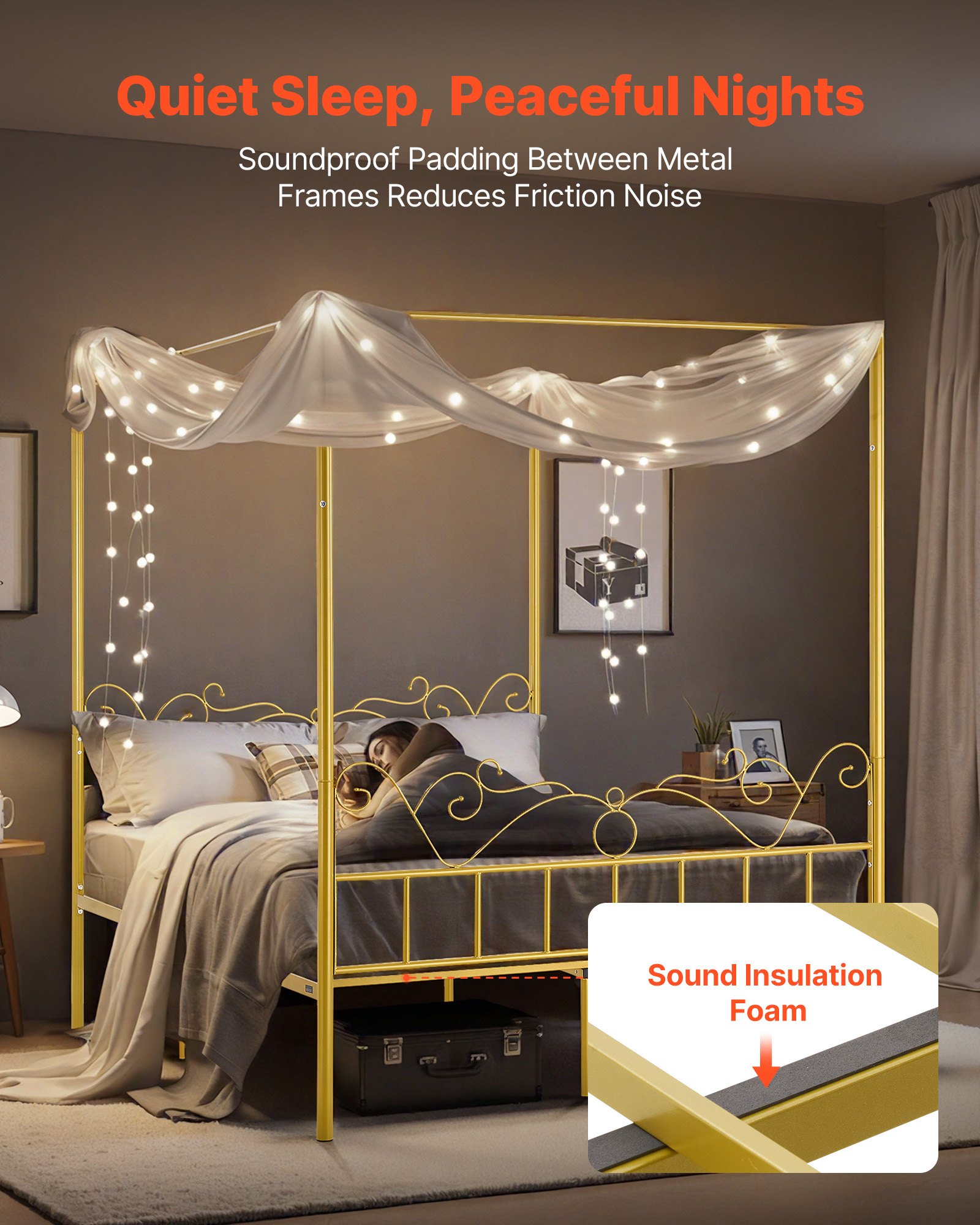 VEVOR Queen Size Canopy Bed Frame, Metal Canopy Bed with Minimalist Headboard & Four Posters Design, Heavy Duty Steel Slats Support, Underbed Storage Space, No Box Spring Needed, Easy Assembly, Gold