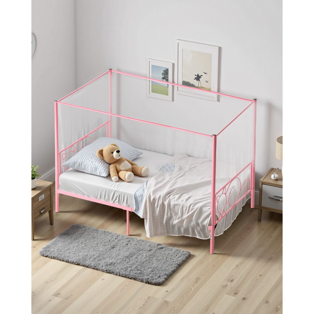 VEVOR Marco de Cama con Dosel de Tamaño Twin, Diseño de 4 Postes de Metal y Cabecero Minimalista Soporte de Láminas de Acero Resistente Espacio de Almacenamiento Debajo, No Necesita Somier, Rosa