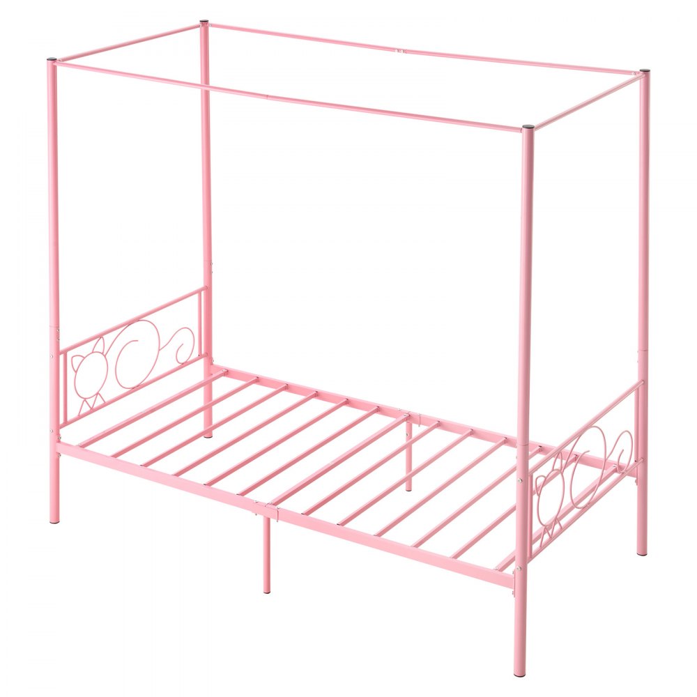 VEVOR Marco de Cama con Dosel de Tamaño Twin, Diseño de 4 Postes de Metal y Cabecero Minimalista Soporte de Láminas de Acero Resistente Espacio de Almacenamiento Debajo, No Necesita Somier, Rosa