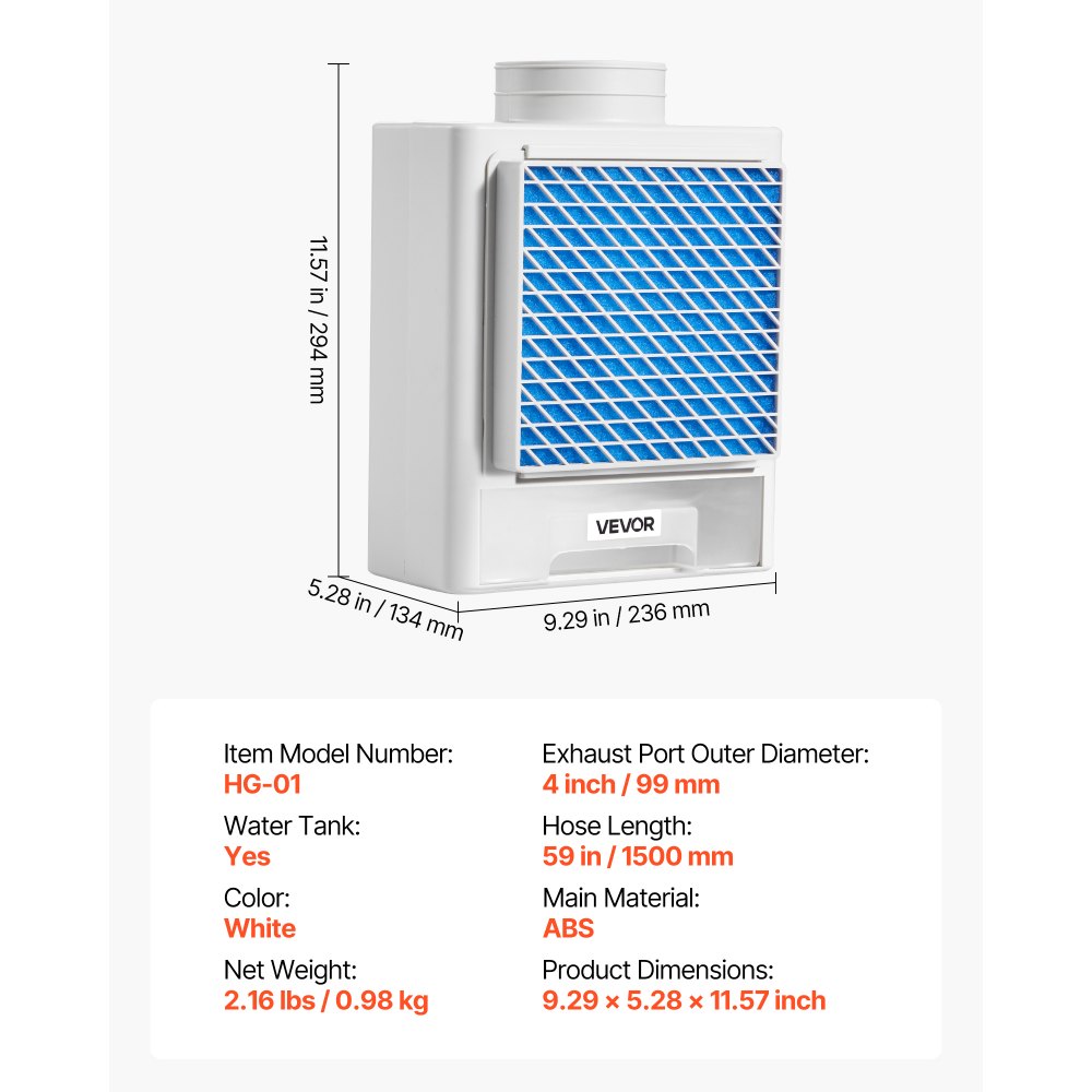 VEVOR 3-in-1 Indoor Dryer Vent Kit,Premium ABS Material with Water Drawer Fits 99 mm Exhaust Port, Smart Overheating Reminder Exhaust Hood & with 4 Purification Pads,For Electric Clothes Dryers
