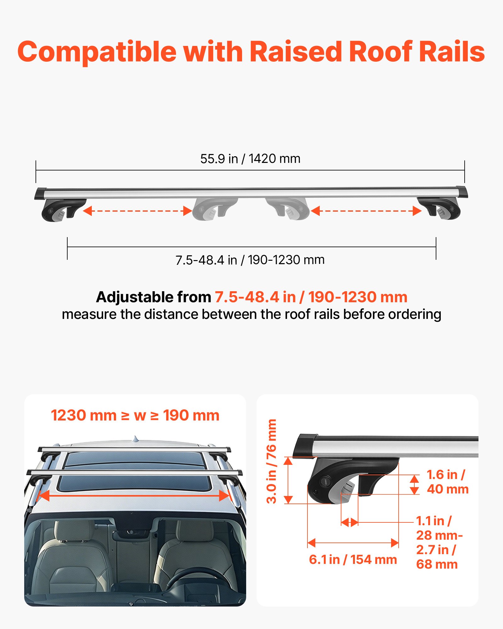 VEVOR Barras Transversales para Portaequipajes de Techo, Longitud de 1420 mm, Barras Transversales para Techo de Coche Elevado, Carga de 90 kg, de Aleación de Aluminio, para Canoas, Cestas de Carga