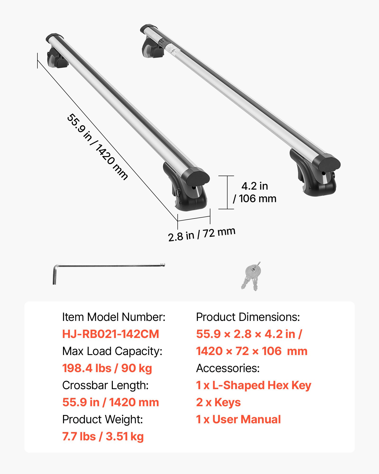 VEVOR Barras Transversales para Portaequipajes de Techo, Longitud de 1420 mm, Barras Transversales para Techo de Coche Elevado, Carga de 90 kg, de Aleación de Aluminio, para Canoas, Cestas de Carga