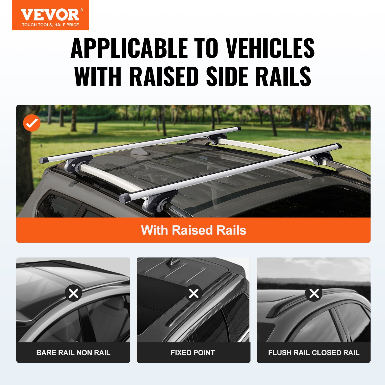 VEVOR Barras Transversales de Techo Portaequipajes de Aluminio Compatibles con Rieles Laterales Elevados con Espacio para Distancia Interior entre los Rieles 19-101 cm, Diámetro del Tubo 28-68 mm