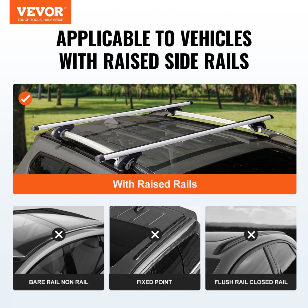 VEVOR Barras Transversales de Techo Portaequipajes de Aluminio Compatibles con Rieles Laterales Elevados con Espacio para Distancia Interior entre los Rieles 19-104 cm, Diámetro del Tubo 28-68 mm