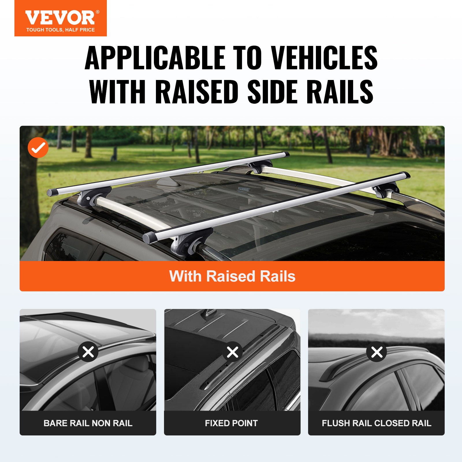 VEVOR Barras Transversales de Techo Portaequipajes de Aluminio Compatibles con Rieles Laterales Elevados con Espacio para Distancia Interior entre los Rieles 19-104 cm, Diámetro del Tubo 28-68 mm