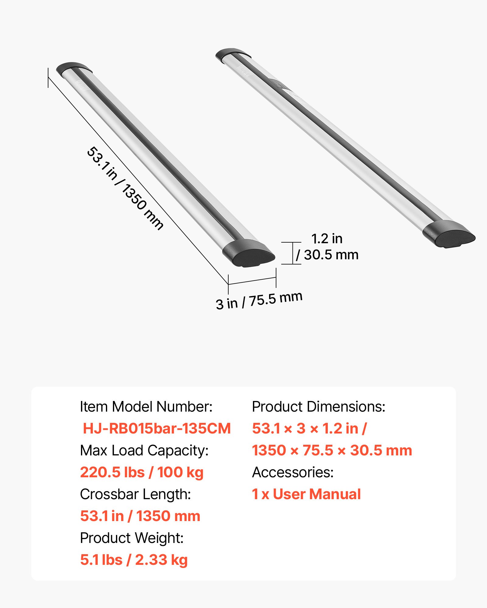 Barras transversales para portaequipajes de techo VEVOR, capacidad de carga de 220 lb, longitud de 53,1", barras transversales de aleación de aluminio de alta resistencia para portaequipajes de techo, cesta portaequipajes para canoa (solo barras transversales, soportes de montaje no incluidos).