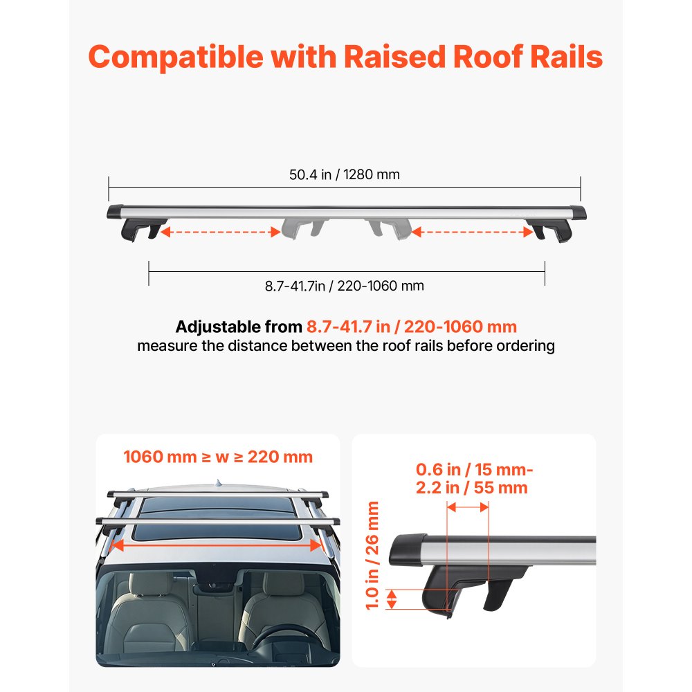 VEVOR Barras Transversales para Portaequipajes de Techo, Longitud de 1280 mm, Barras Transversales para Techo de Coche Elevado, Carga de 100 kg, de Aleación de Aluminio, para Canoas, Cestas de Carga