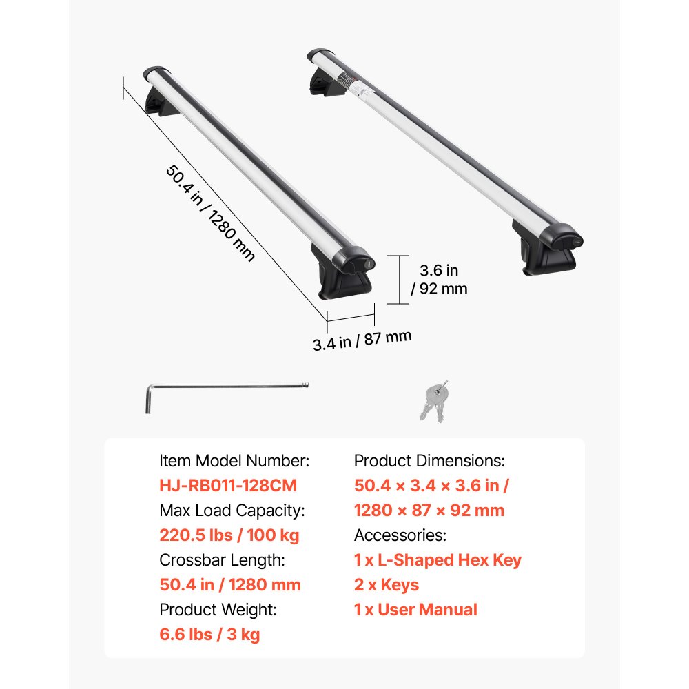 VEVOR Barras Transversales para Portaequipajes de Techo, Longitud de 1280 mm, Barras Transversales para Techo de Coche Elevado, Carga de 100 kg, de Aleación de Aluminio, para Canoas, Cestas de Carga