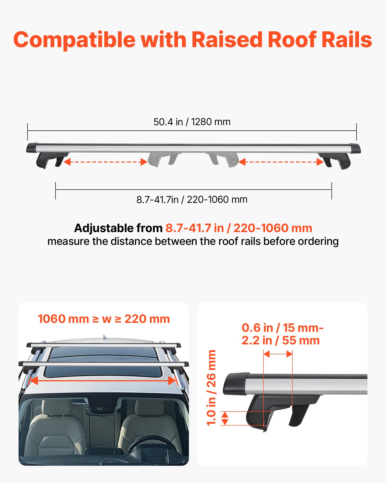 VEVOR Barras Transversales para Portaequipajes de Techo, Longitud de 1280 mm, Barras Transversales para Techo de Coche Elevado, Carga de 100 kg, de Aleación de Aluminio, para Canoas, Cestas de Carga