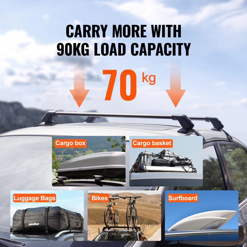 VEVOR Roof Rack, Roof Luggage Carrier, Car Crossbars, 2 pcs. Roof rack, 70.3 kg load capacity, suitable for cars with a distance between roof gutters of 105-109 cm and a distance from roof gutters to windows of 6 cm.