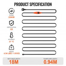 VEVOR Cable Calefactor para Tuberías 18m 23W/m Cinta Calefactora para Tuberías