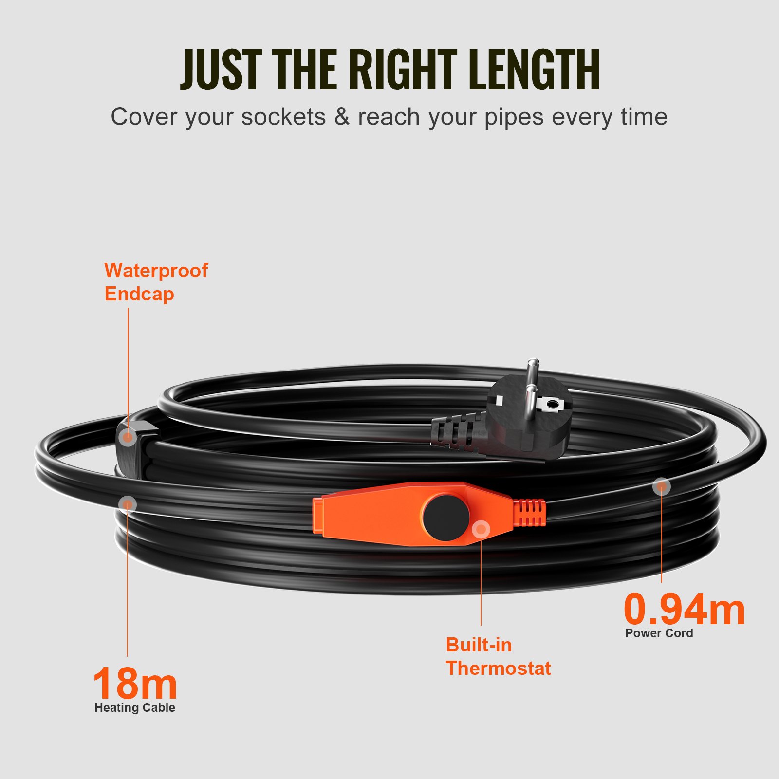 VEVOR Cable Calefactor para Tuberías 18 m 23W /m Cinta Calefactora para Tuberías de Agua con Termostato Incorporado Protege Mangueras de PVC, Tuberías de Metal y Plástico contra Congelación