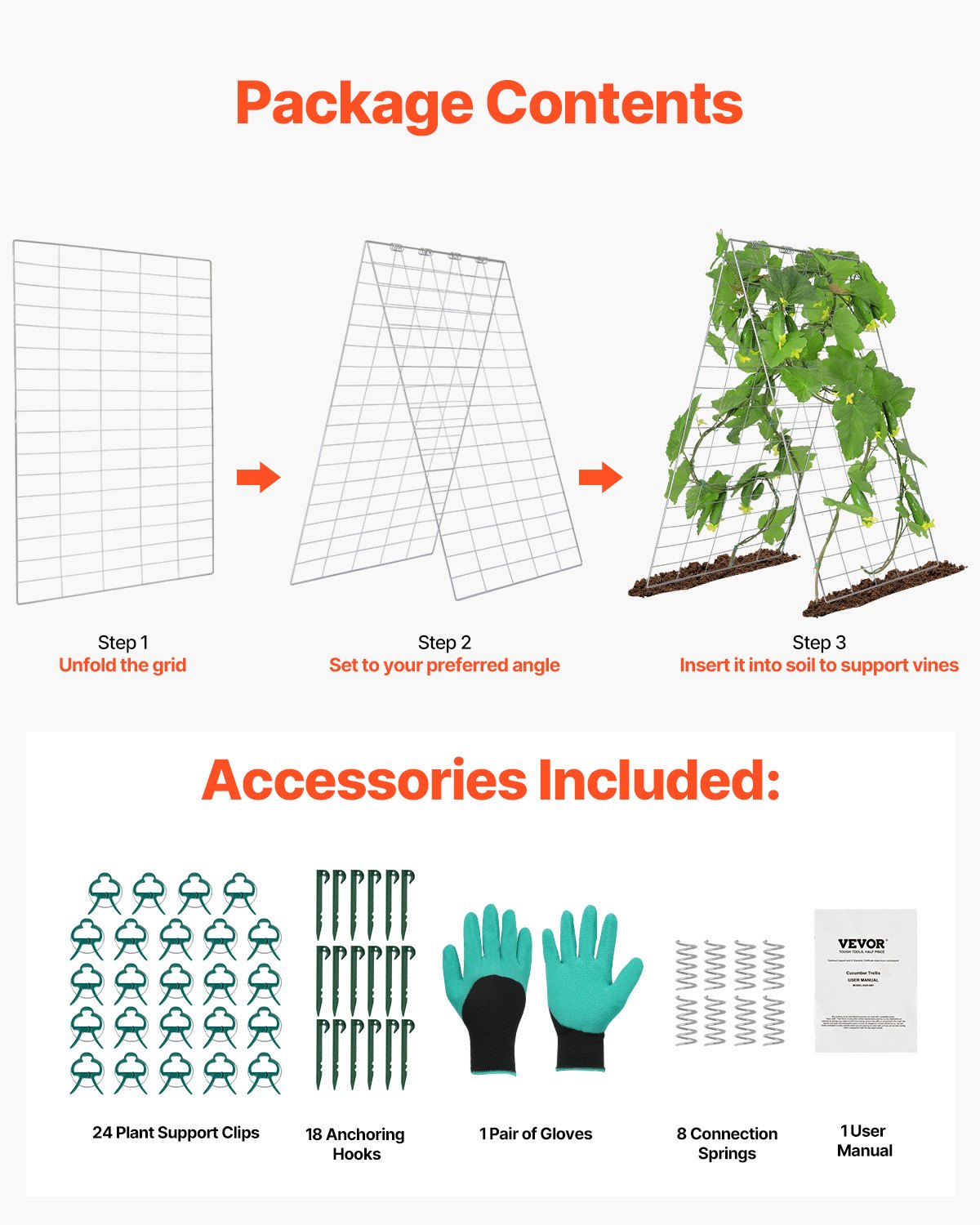 VEVOR Enrejado para Pepinos para Plantas Trepadoras 90 x 140 cm Juego de Enrejado de Pepino Plegable con Clip para Plantas, Enrejado de Metal para Jardines Elevados para Tomates, Pepinos, Galvanizado