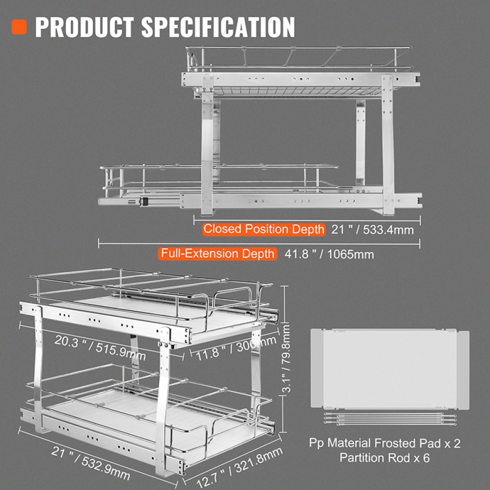 VEVOR Organizador Extraíble Debajo del Fregadero 2 Niveles 355x539x383 mm Estante Deslizante de Acero Cromado Carga de 30 kg Deslizamiento Suave para Cocina Tamaño de Instalación 385x569x483 mm