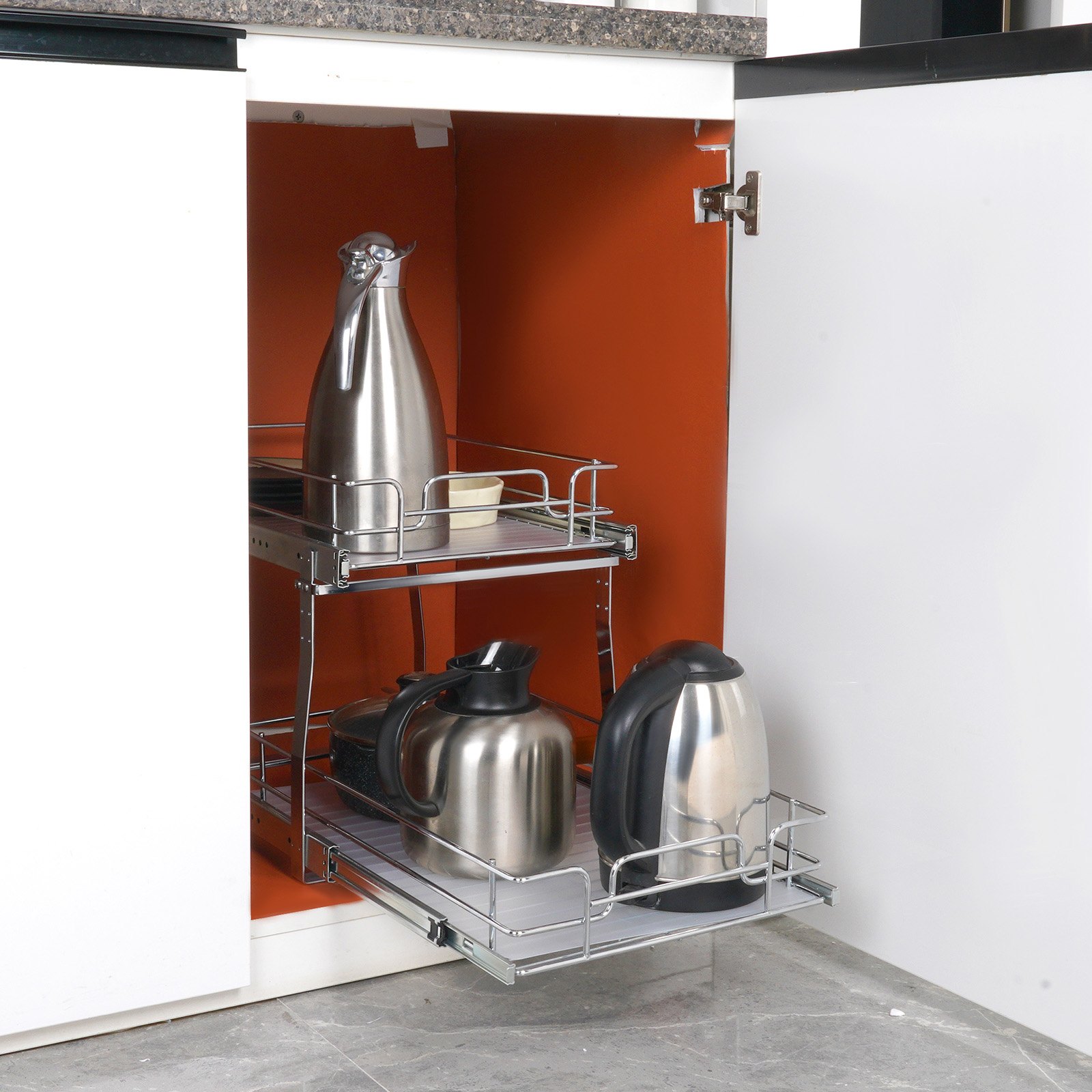 VEVOR Organizador Extraíble Debajo del Fregadero 2 Niveles 355x539x383 mm Estante Deslizante de Acero Cromado Carga de 30 kg Deslizamiento Suave para Cocina Tamaño de Instalación 385x569x483 mm