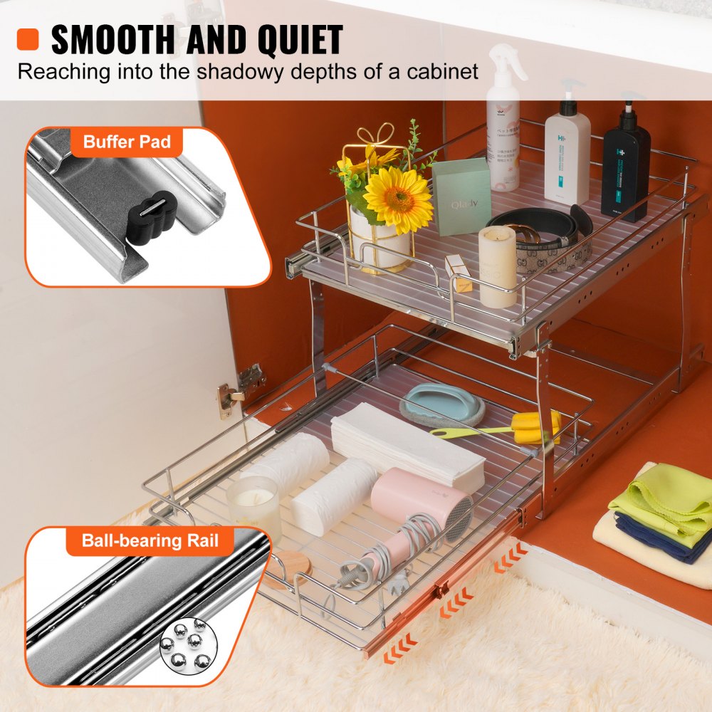 VEVOR Estante Debajo del Fregadero 2 niveles 431x539x383 mm Estante Deslizante para Armario de Acero Cromado con Estantes Carga de 30 kg Deslizamiento Suave Tamaño de Instalación 461x569x483 mm
