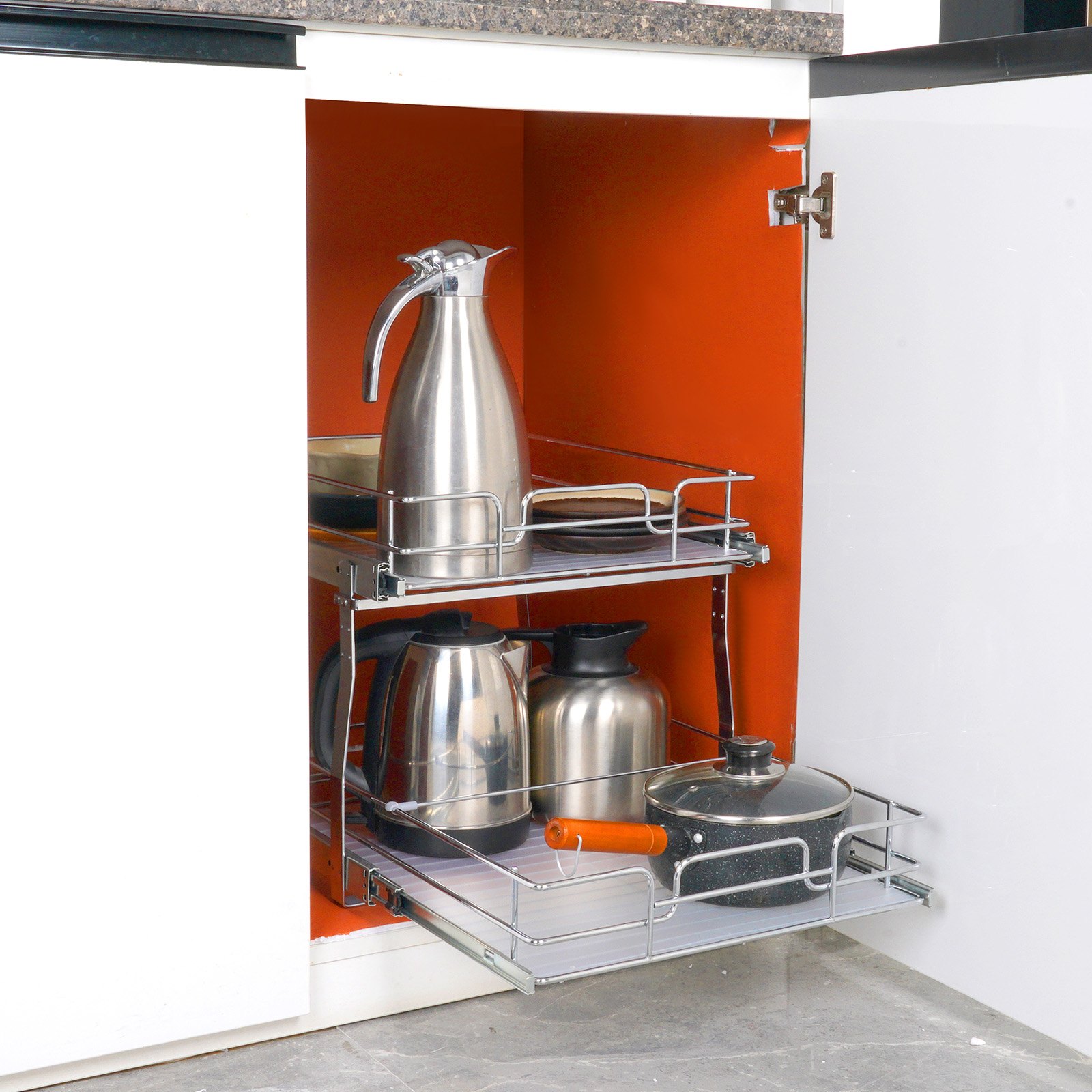VEVOR Estante Debajo del Fregadero 2 niveles 431x539x383 mm Estante Deslizante para Armario de Acero Cromado con Estantes Carga de 30 kg Deslizamiento Suave Tamaño de Instalación 461x569x483 mm