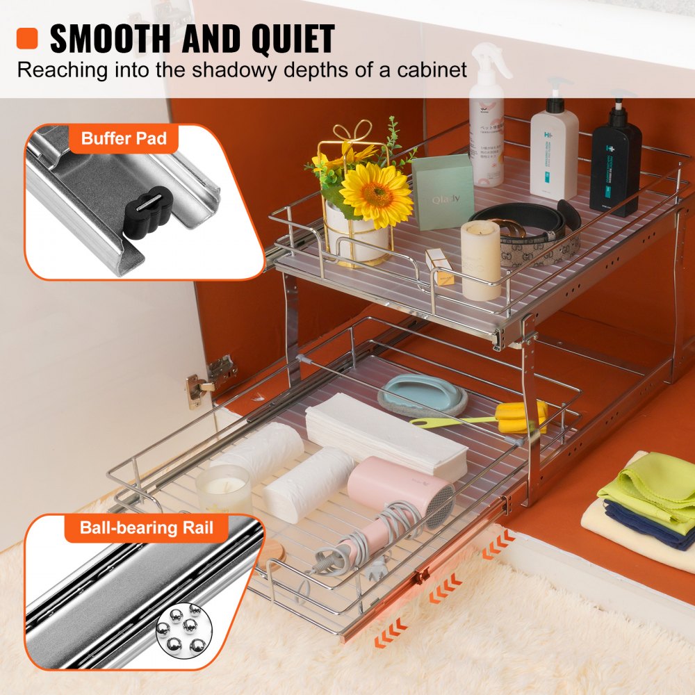VEVOR Organizador Extraíble Debajo del Fregadero 2 Niveles 508x539x383 mm Estante Deslizante de Acero Cromado Carga de 30 kg Deslizamiento Suave para Cocina, Tamaño de Instalación 538x569x483 mm