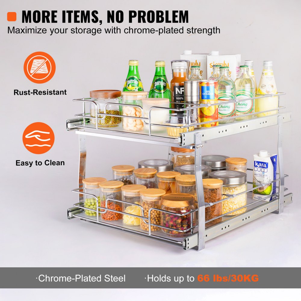 VEVOR Organizador Extraíble Debajo del Fregadero 2 Niveles 508x539x383 mm Estante Deslizante de Acero Cromado Carga de 30 kg Deslizamiento Suave para Cocina, Tamaño de Instalación 538x569x483 mm