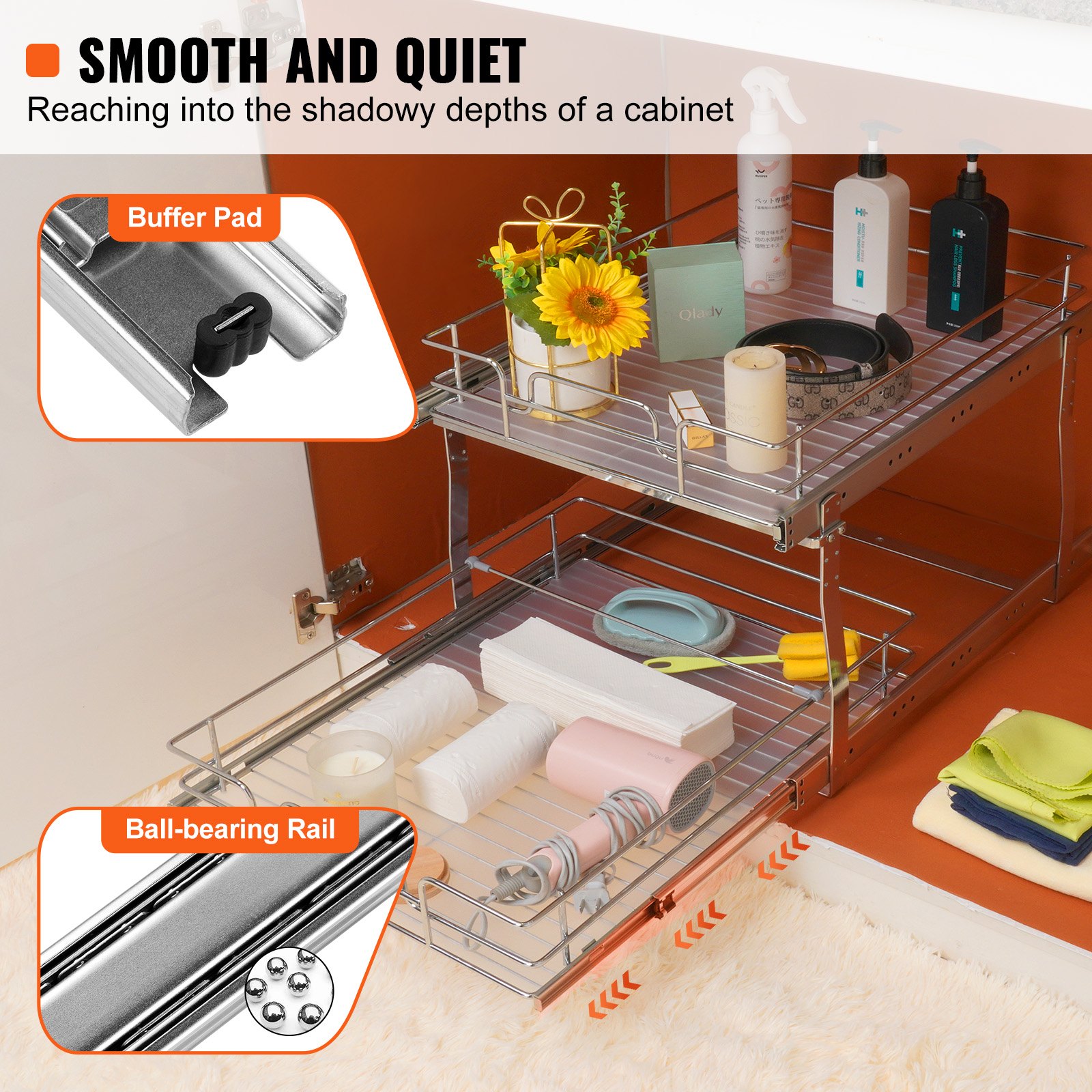 VEVOR Organizador Extraíble Debajo del Fregadero 2 Niveles 508x539x383 mm Estante Deslizante de Acero Cromado Carga de 30 kg Deslizamiento Suave para Cocina, Tamaño de Instalación 538x569x483 mm