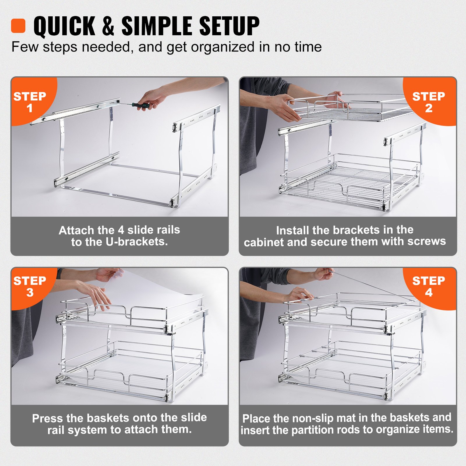 VEVOR Organizador Extraíble Debajo del Fregadero 2 Niveles 508x539x383 mm Estante Deslizante de Acero Cromado Carga de 30 kg Deslizamiento Suave para Cocina, Tamaño de Instalación 538x569x483 mm