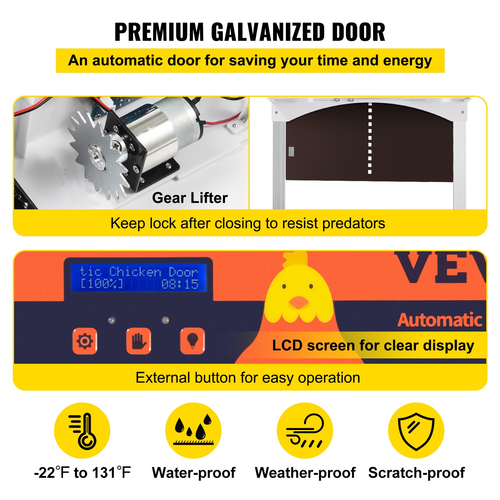 Puerta automática para gallinero VEVOR con pantalla LCD, elevador de engranajes y bloqueo antidepredadores.