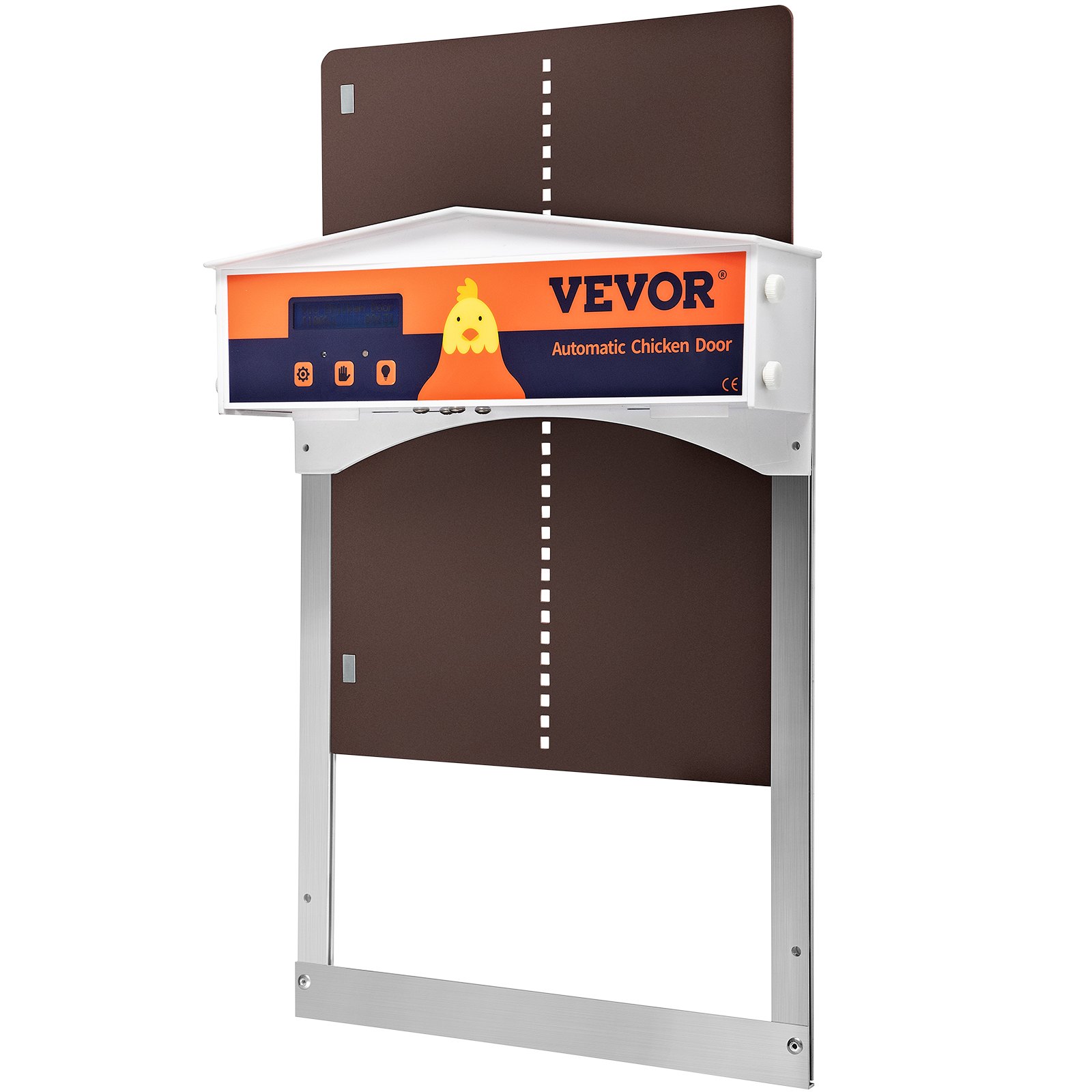 Puerta automática para gallinero VEVOR con panel de control y puerta corredera marrón.
