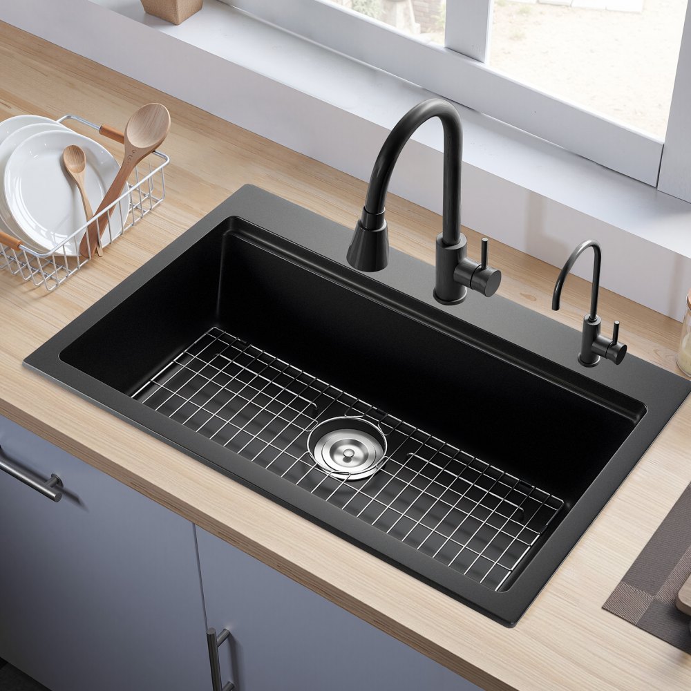 VEVOR 84 cm Kitchen Sink Workstation, Top Mount Granite Sinks, Drop-In Single Bowl Farmhouse Basin with Multiple Accessories, Household Dishwasher Sink for RV, Prep Kitchen, and Bar (Black)