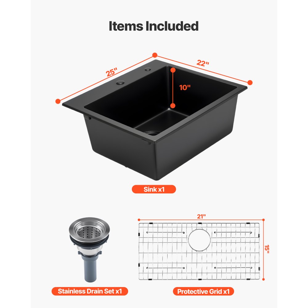 VEVOR 63 cm Kitchen Sink Workstation, Top Mount Granite Sinks, Drop-In Single Bowl Farmhouse Basin with Multiple Accessories, Household Dishwasher Sinks for RV, Prep Kitchen, and Bar (Black)