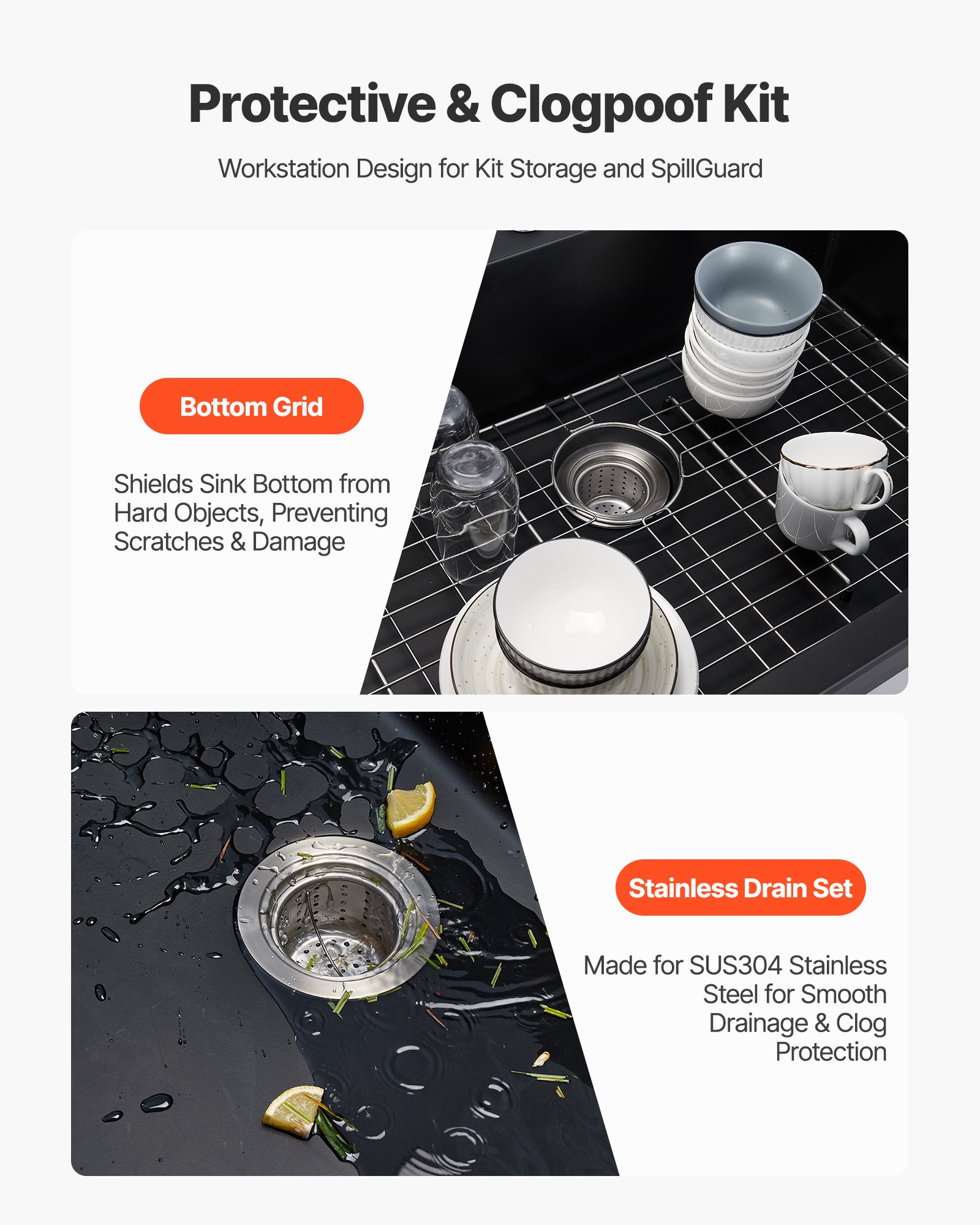 VEVOR Fregadero de Cocina de Granito de Un Seno Empotrado de Estilo Rústico, Montaje en Superficie, con Accesorios, para Autocaravanas, Cocinas de Preparación y Bares, Negro, 635 x 559 x 254 mm